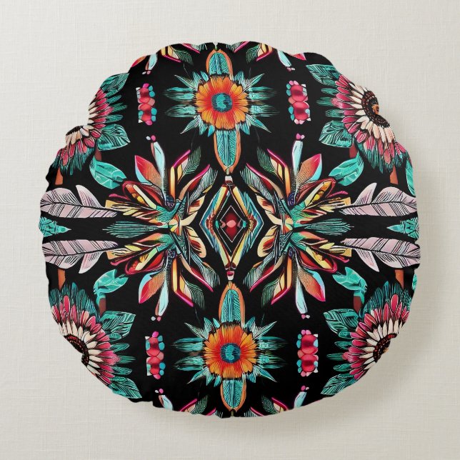 Native American Bohemain Round Pillow (Front)