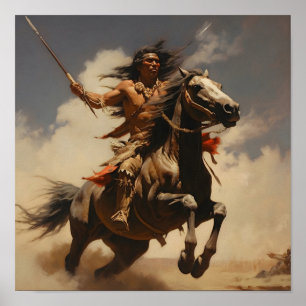 Native American Brave Throwing a Spear from Horseb Poster