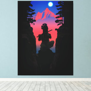 Native American Chief Flute Moonlight Mountain Canvas Print
