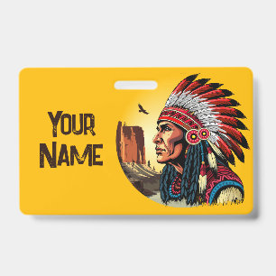 Native American Chief on wild Landscape Sunset Badge