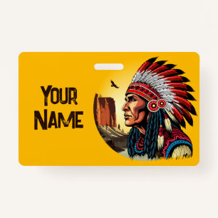 Native American Chief on wild Landscape Sunset Badge