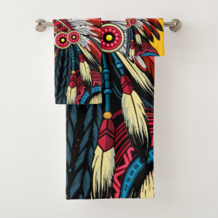 Native American Chief on wild Landscape Sunset Bath Towel Set
