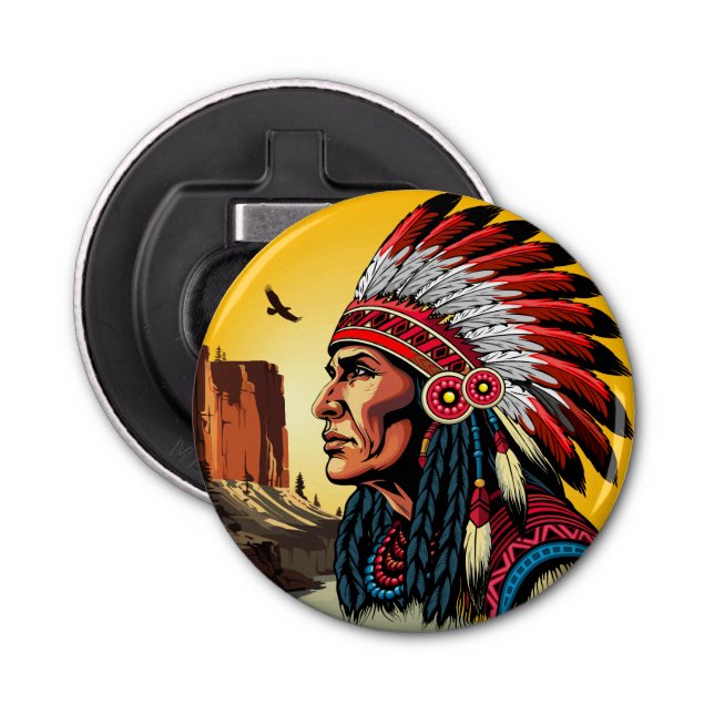 Native American Chief on wild Landscape Sunset Bottle Opener (Front)