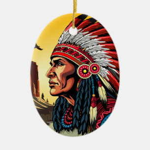 Native American Chief on wild Landscape Sunset Ceramic Ornament