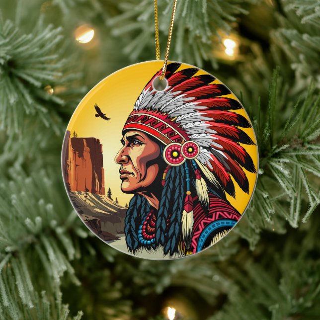 Native American Chief on wild Landscape Sunset Ceramic Ornament (Tree)
