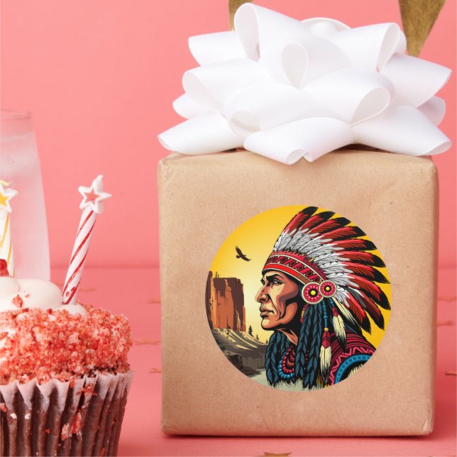 Native American Chief on wild Landscape Sunset Classic Round Sticker (Party)