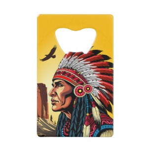 Native American Chief on wild Landscape Sunset Credit Card Bottle Opener