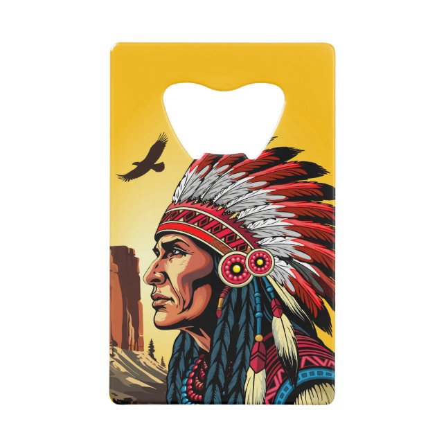 Native American Chief on wild Landscape Sunset Credit Card Bottle Opener (Front)