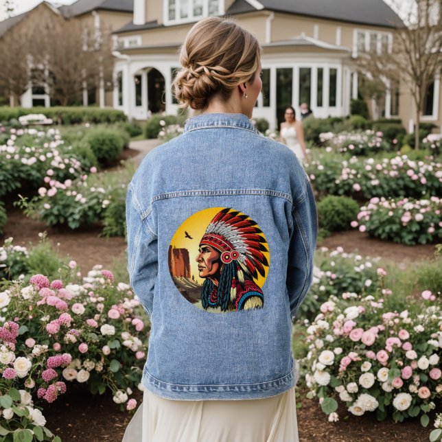 Native American Chief on wild Landscape Sunset Denim Jacket (Wedding Back)