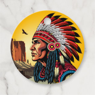 Native American Chief on wild Landscape Sunset Favour Tags
