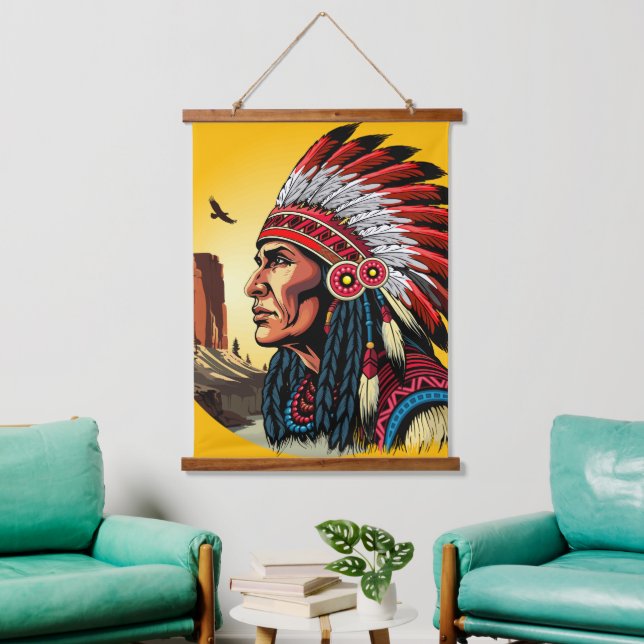 Native American Chief on wild Landscape Sunset Hanging Tapestry (Living Room)