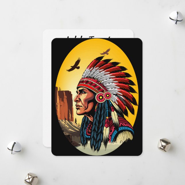 Native American Chief on wild Landscape Sunset Holiday Card (Front/Back In Situ)