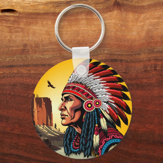 Native American Chief on wild Landscape Sunset Keychain (Front)