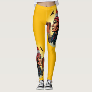 Native American Chief on wild Landscape Sunset Leggings