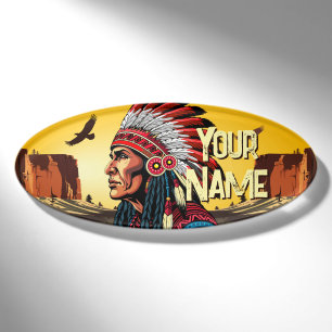 Native American Chief on wild Landscape Sunset Name Tag