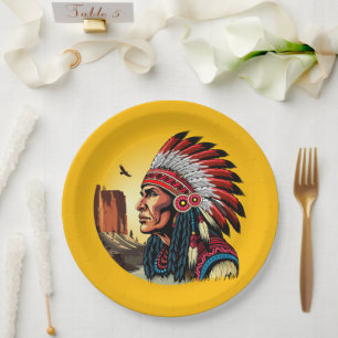 Native American Chief on wild Landscape Sunset Paper Plate