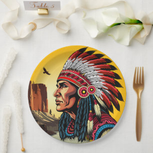Native American Chief on wild Landscape Sunset Paper Plate