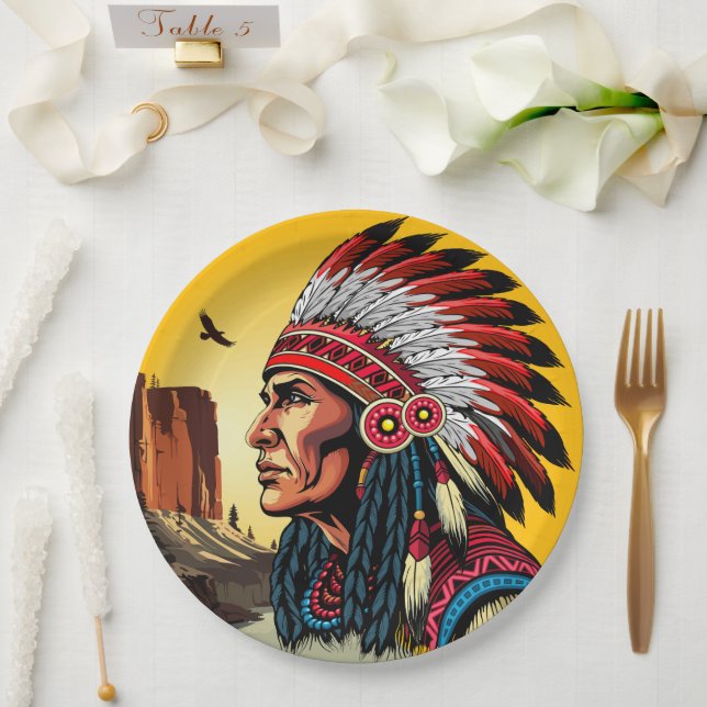 Native American Chief on wild Landscape Sunset Paper Plate (Wedding)