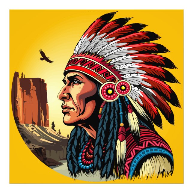 Native American Chief on wild Landscape Sunset Photo Print (Front)