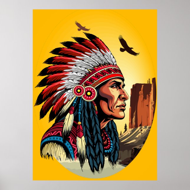 Native American Chief on wild Landscape Sunset Poster (Front)