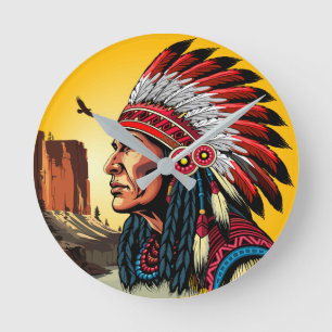 Native American Chief on wild Landscape Sunset Round Clock