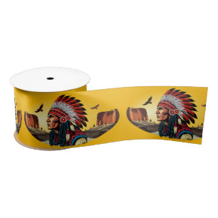 Native American Chief on wild Landscape Sunset Satin Ribbon