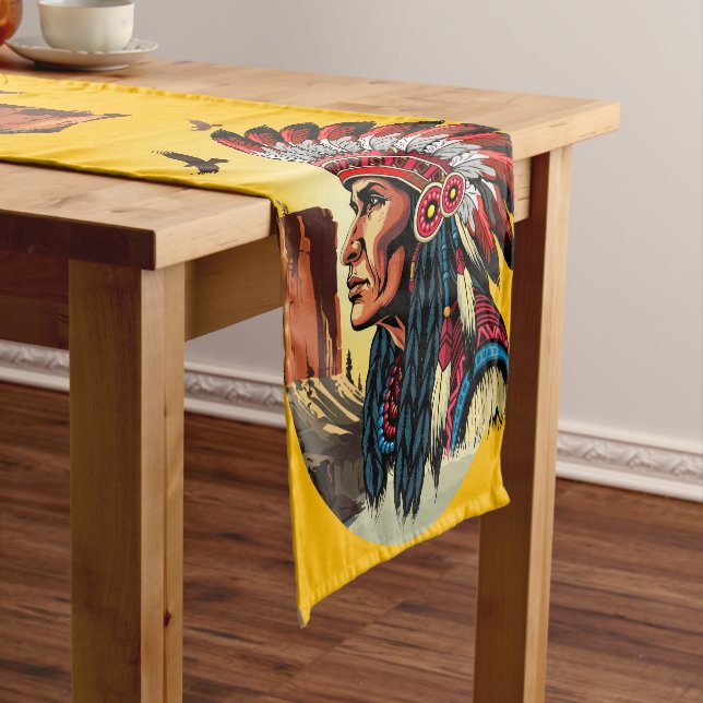 Native American Chief on wild Landscape Sunset Short Table Runner (In Situ)