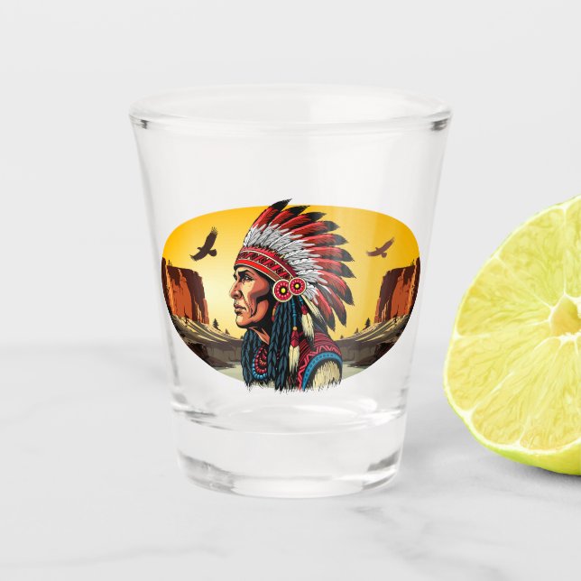 Native American Chief on wild Landscape Sunset Shot Glass (Front)