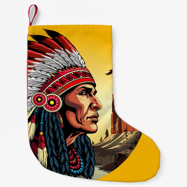 Native American Chief on wild Landscape Sunset Small Christmas Stocking (Front)