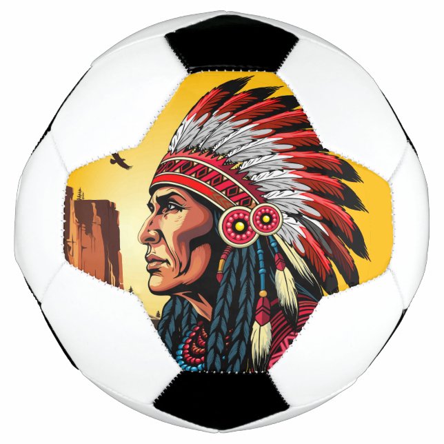 Native American Chief on wild Landscape Sunset Soccer Ball (Front)