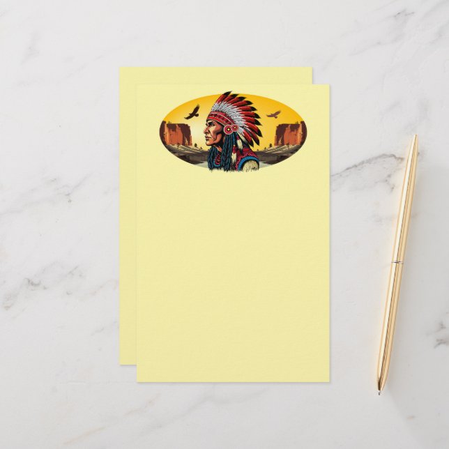 Native American Chief on wild Landscape Sunset Stationery (Front/Back In Situ)