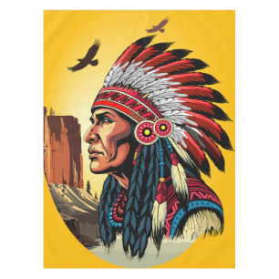 Native American Chief on wild Landscape Sunset Tablecloth