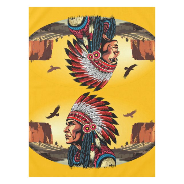 Native American Chief on wild Landscape Sunset Tablecloth (Front)