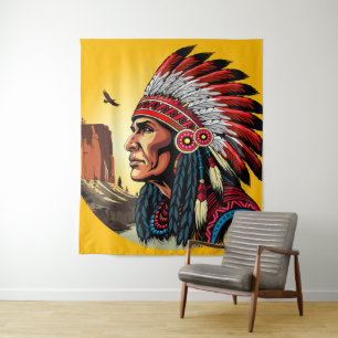 Native American Chief on wild Landscape Sunset Tapestry
