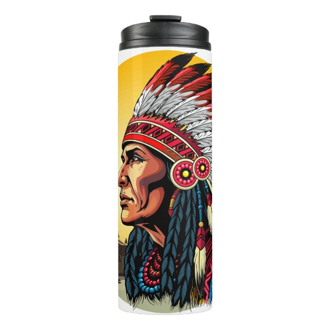 Native American Chief on wild Landscape Sunset Thermal Tumbler (Front)
