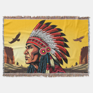 Native American Chief on wild Landscape Sunset Throw Blanket