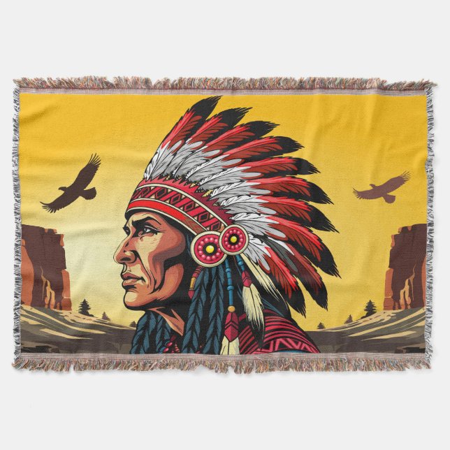 Native American Chief on wild Landscape Sunset Throw Blanket (Front)
