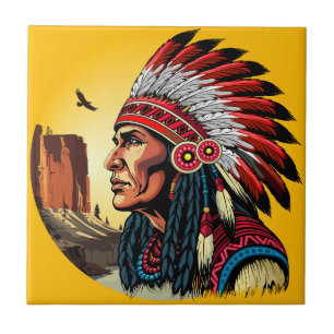 Native American Chief on wild Landscape Sunset Tile