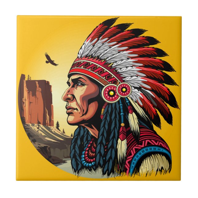 Native American Chief on wild Landscape Sunset Tile (Front)