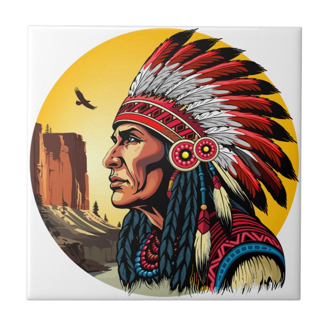 Native American Chief on wild Landscape Sunset Tile (Front)