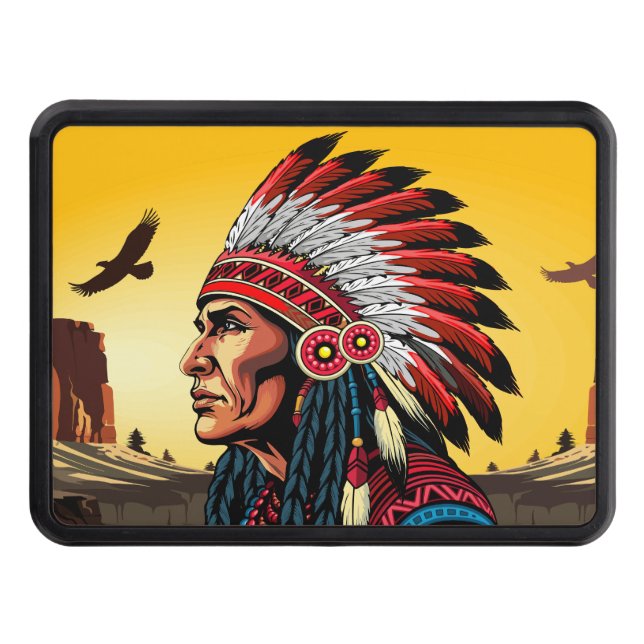 Native American Chief on wild Landscape Sunset Trailer Hitch Cover (Front)