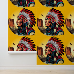 Native American Chief on wild Landscape Sunset Wallpaper