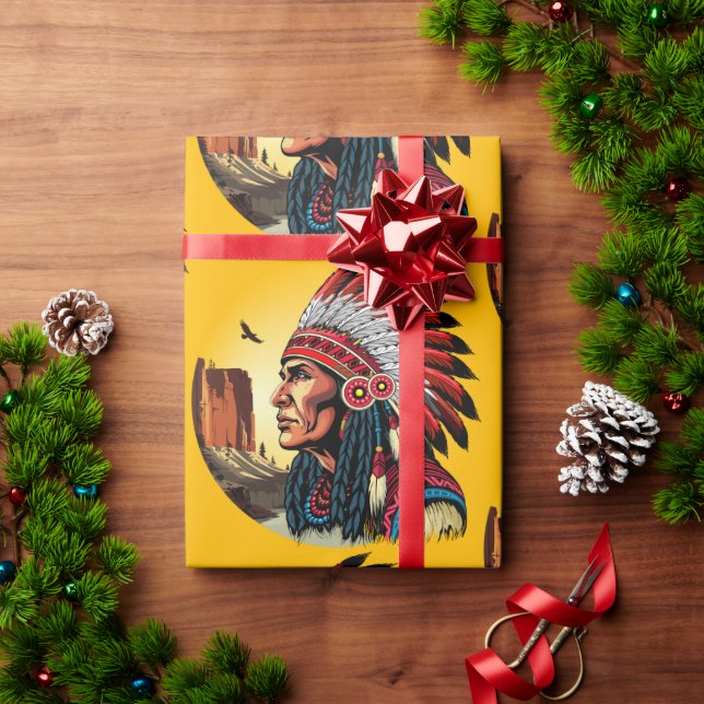 Native American Chief on wild Landscape Sunset Wrapping Paper (Holiday Gift)