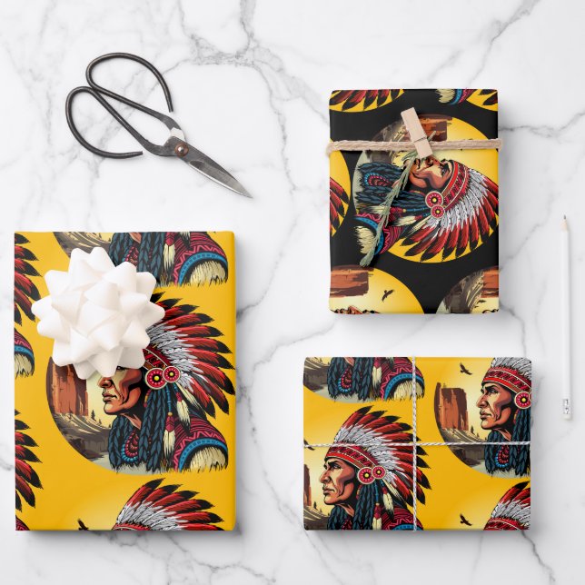 Native American Chief on wild Landscape Sunset Wrapping Paper Sheet (Front)