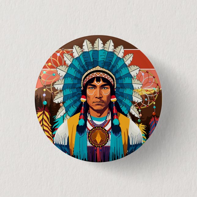 Native American Chief Powerful Portrait 1 Inch Round Button (Front)