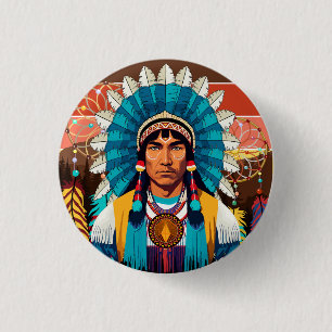 Native American Chief Powerful Portrait 1 Inch Round Button