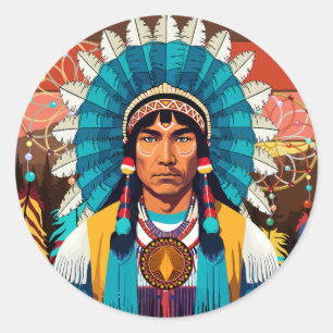 Native American Chief Powerful Portrait Classic Round Sticker