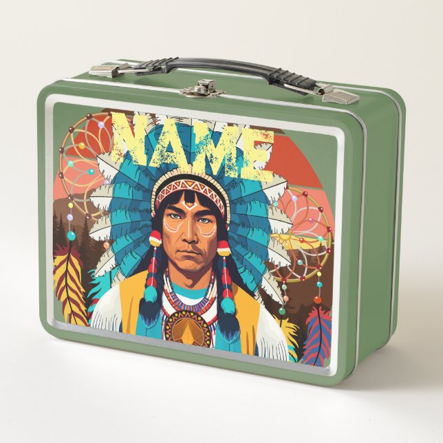 Native American Chief Powerful Portrait Metal Lunch Box (Front)