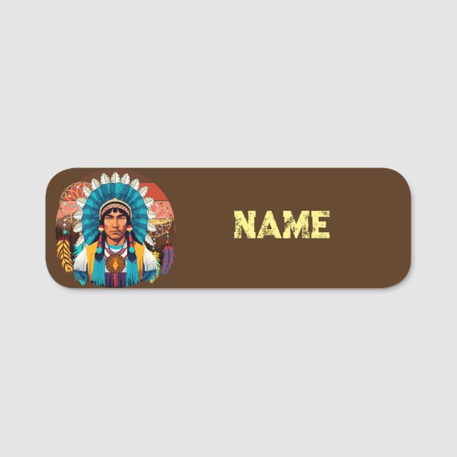 Native American Chief Powerful Portrait Name Tag (Front)