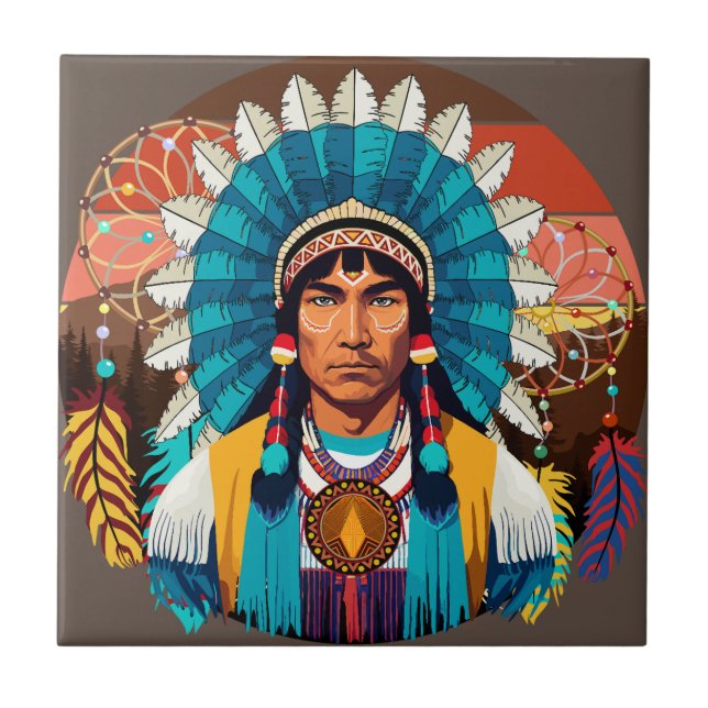 Native American Chief Powerful Portrait Tile (Front)